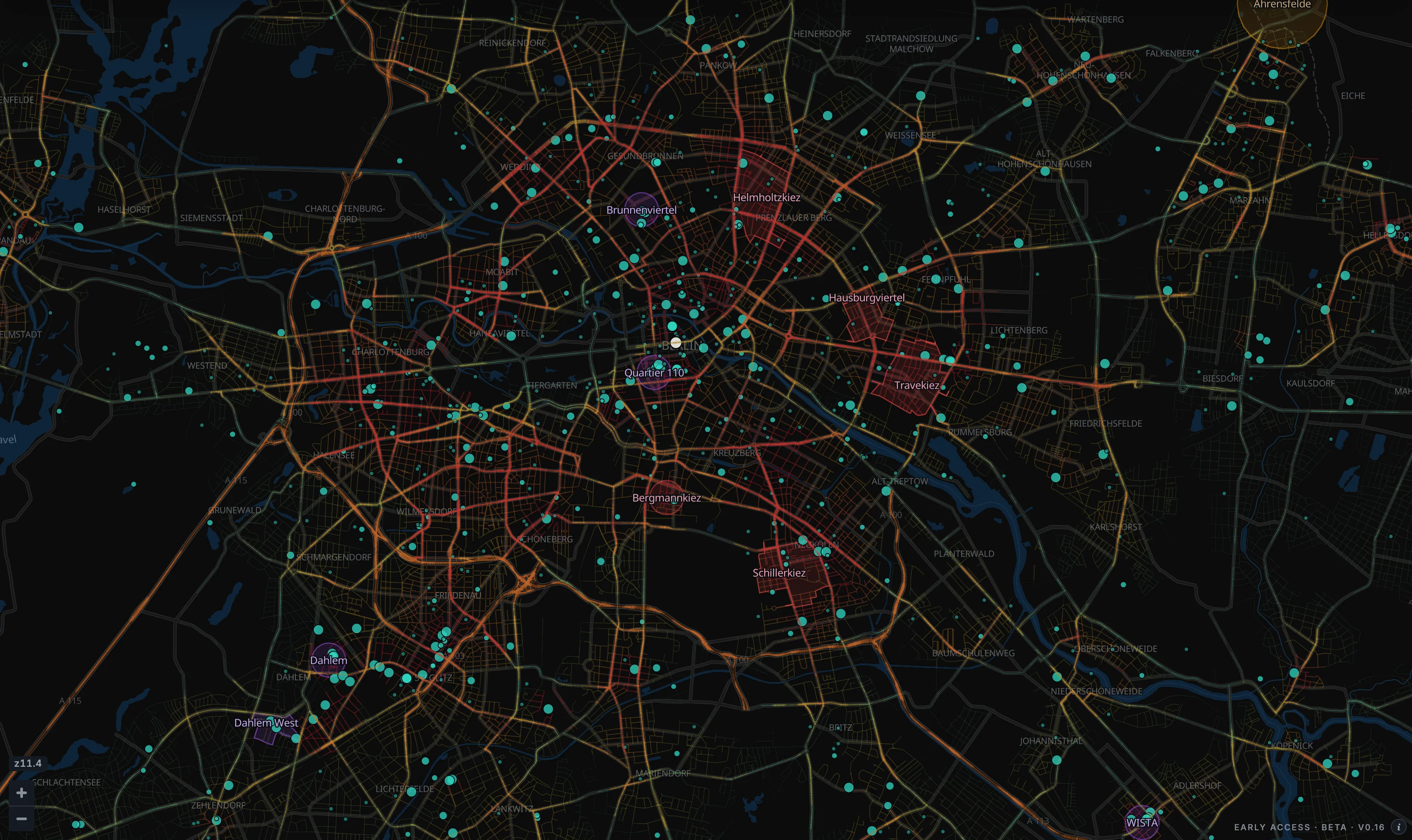 Berlin's streets and demand districts in Takt's dark map view