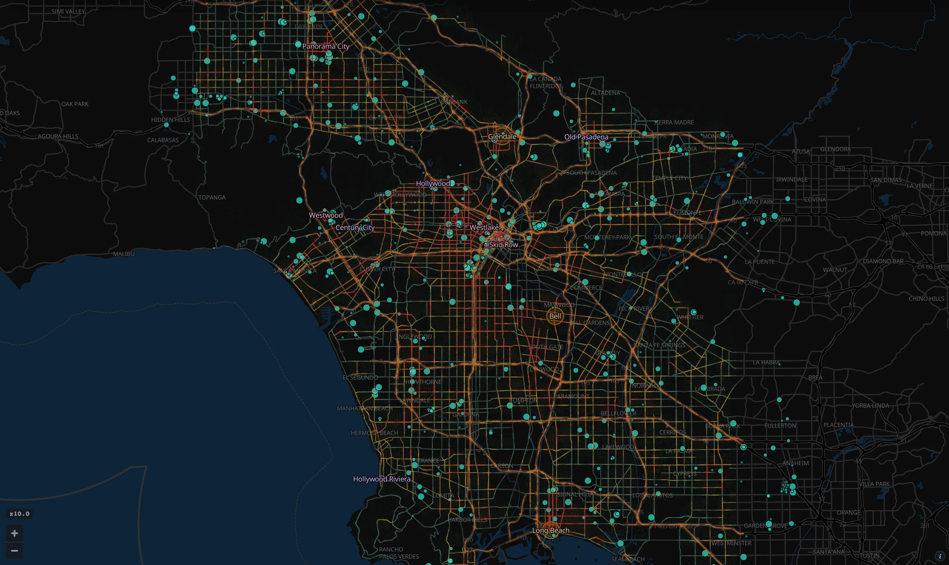 Los Angeles in Takt: the basin from Santa Monica to Downtown, demand spread thin across it