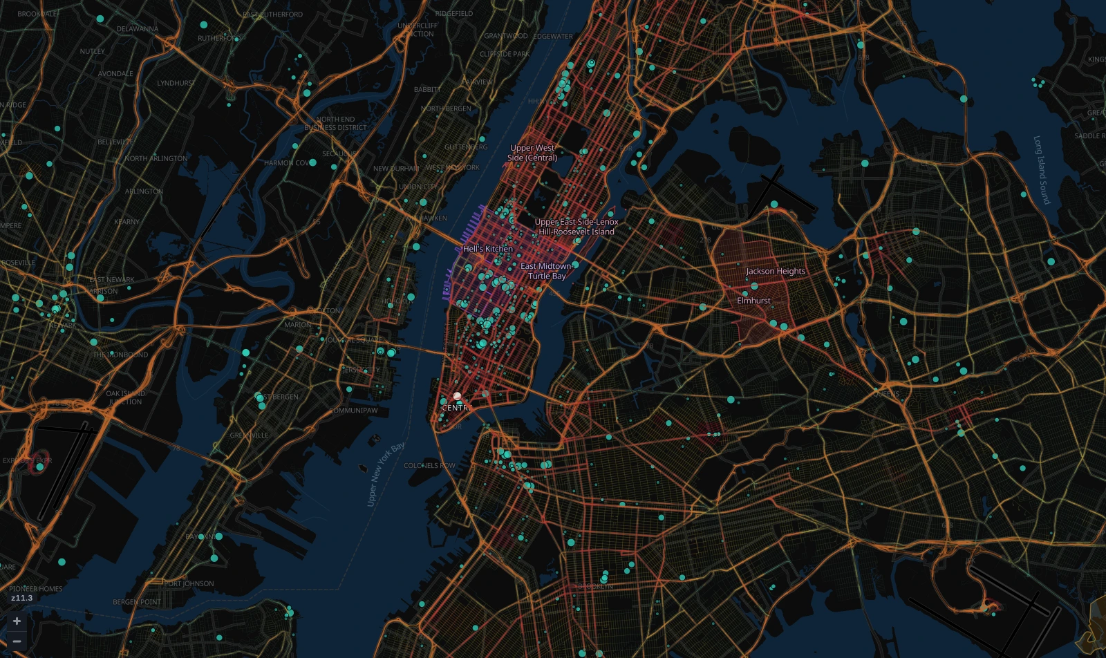 New York in Takt: Manhattan, the neighbouring boroughs and the New Jersey waterfront in the dark demand map