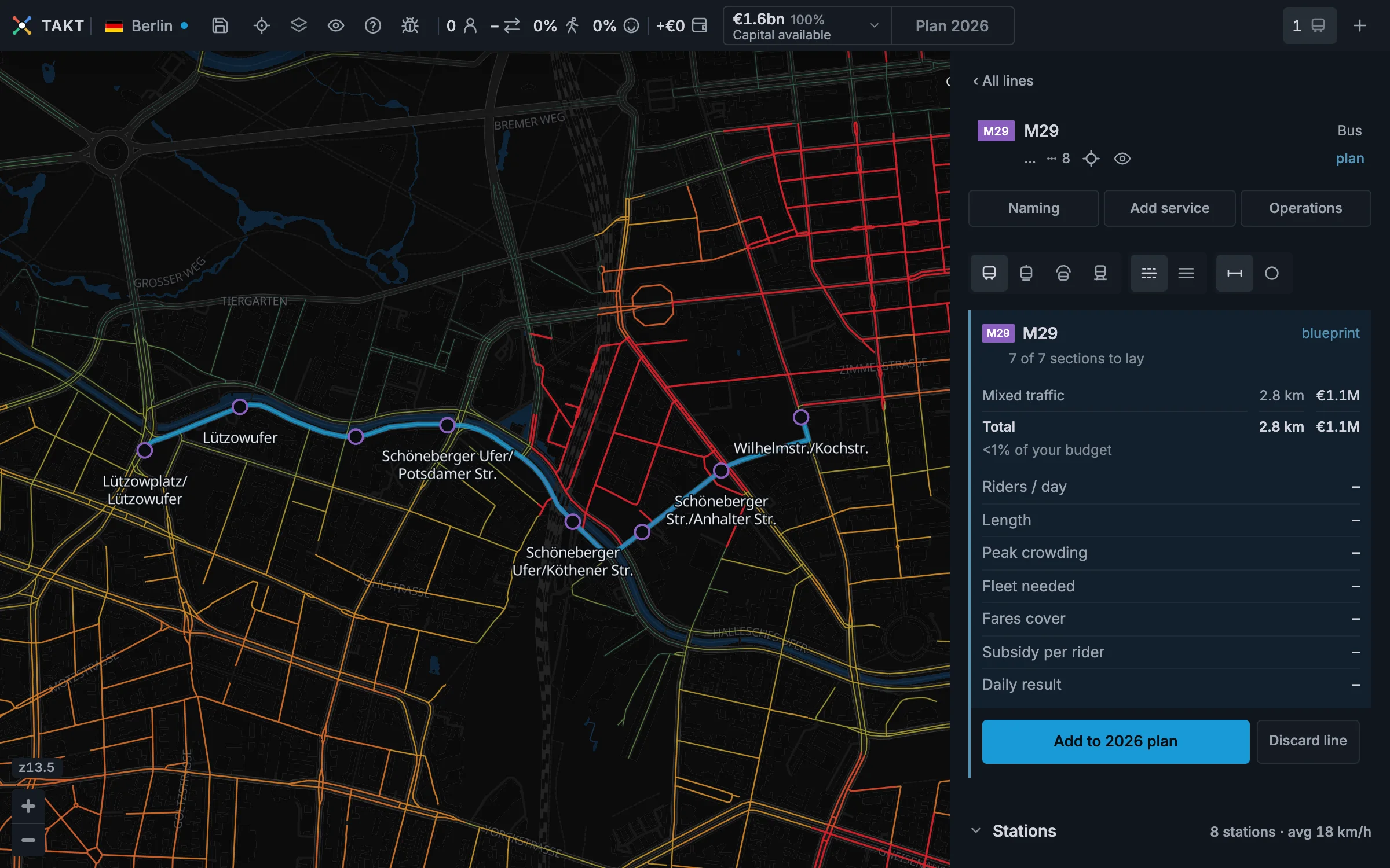 A planned bus line with eight stops following one strong demand corridor through central Berlin