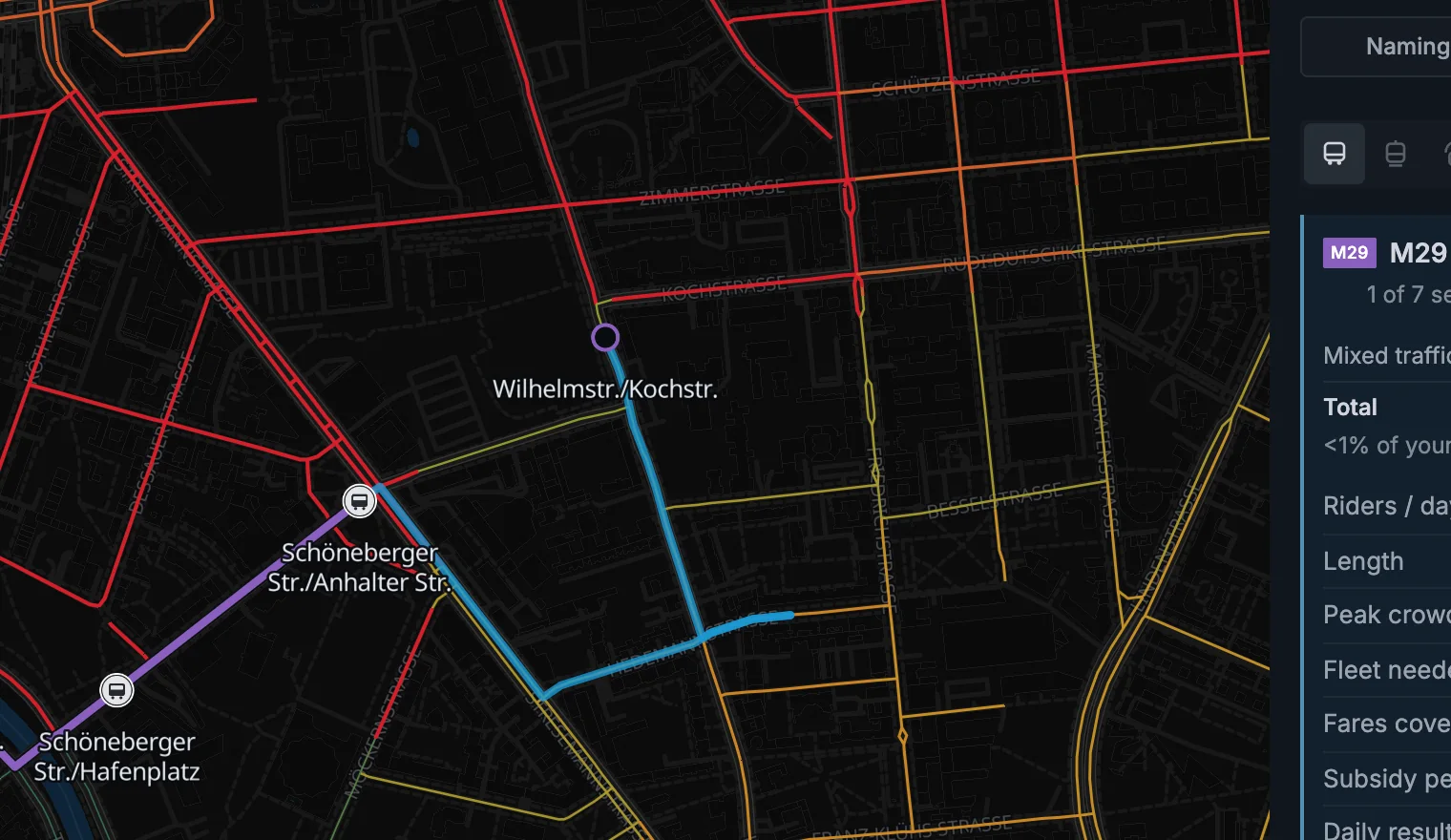 The same planned bus section moved onto a different street between the same two stops