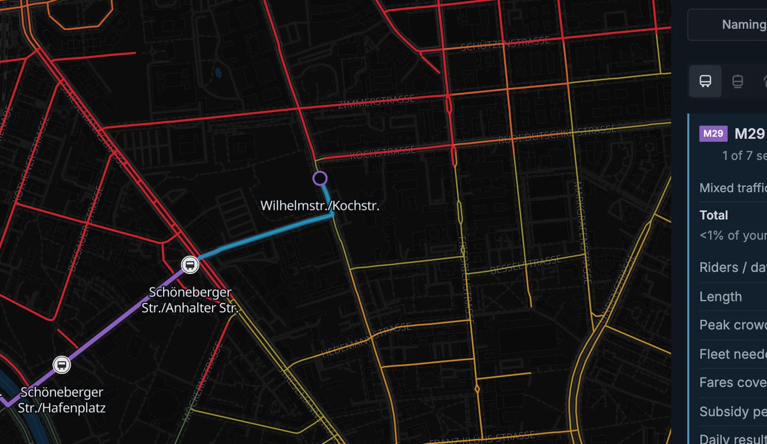 A planned bus section taking an indirect street route between two stops