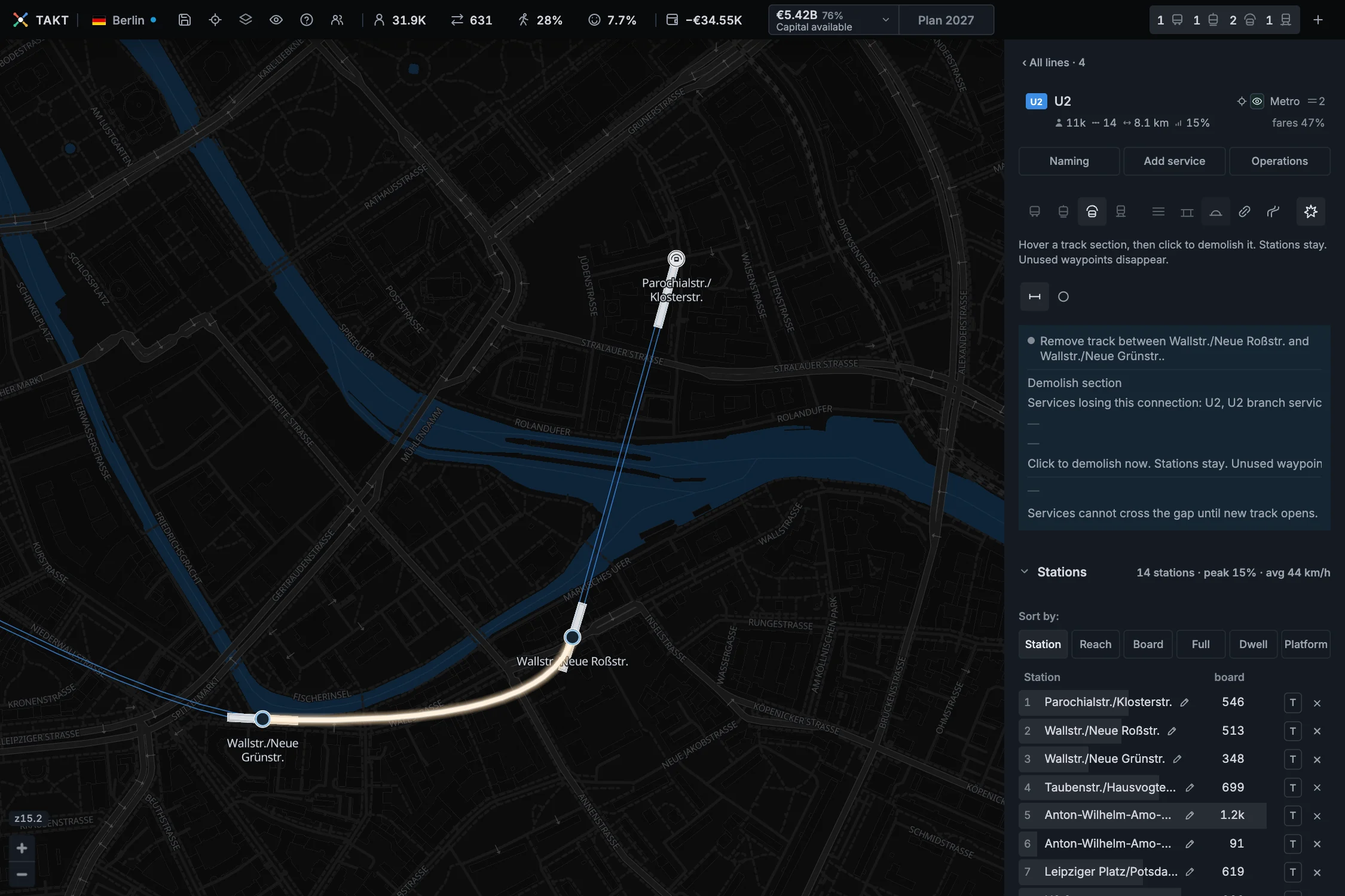 Demolition mode isolates the line and highlights the selected track section