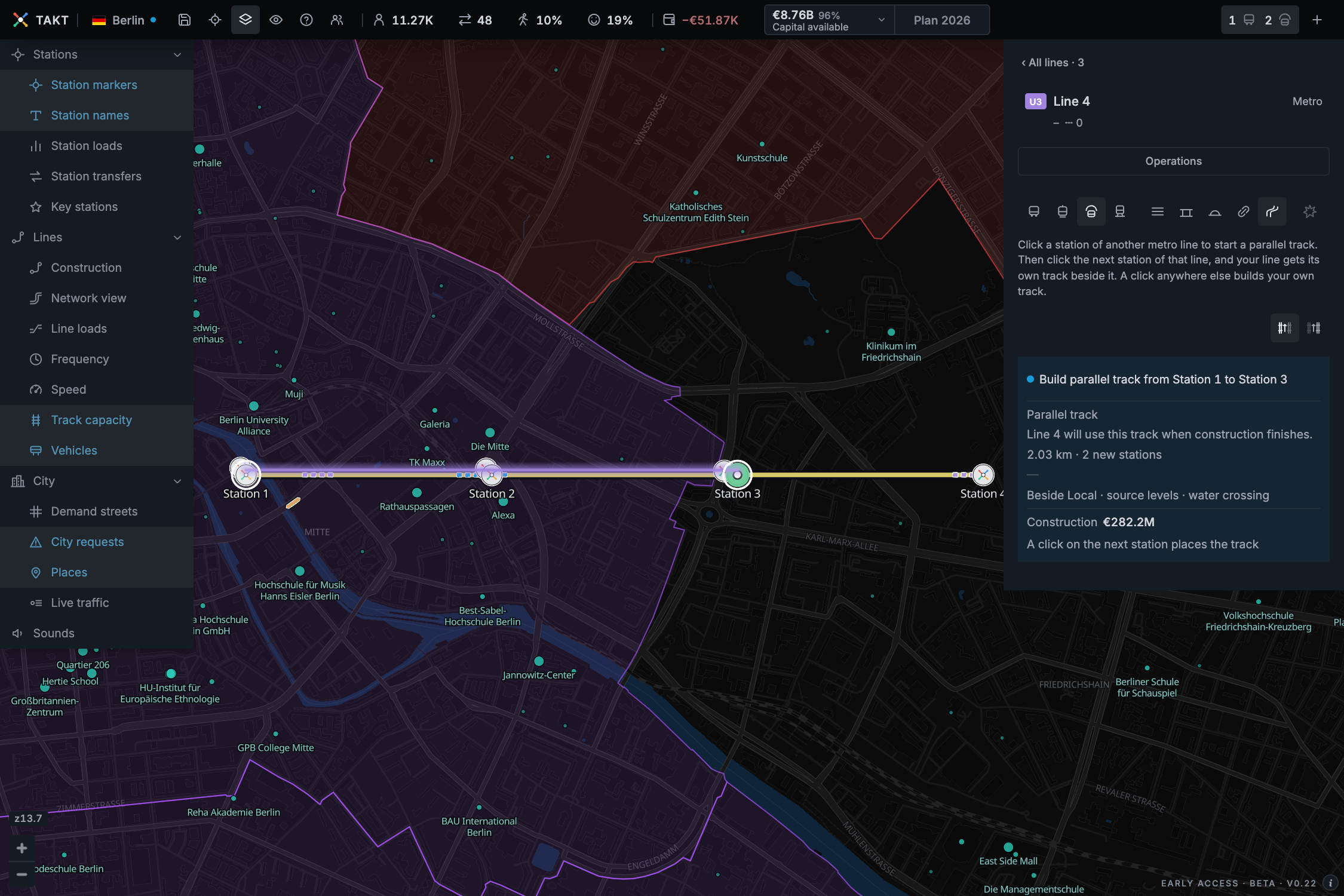 A new metro line previewing parallel track from Station 1 to Station 3 with two new stations and its construction cost
