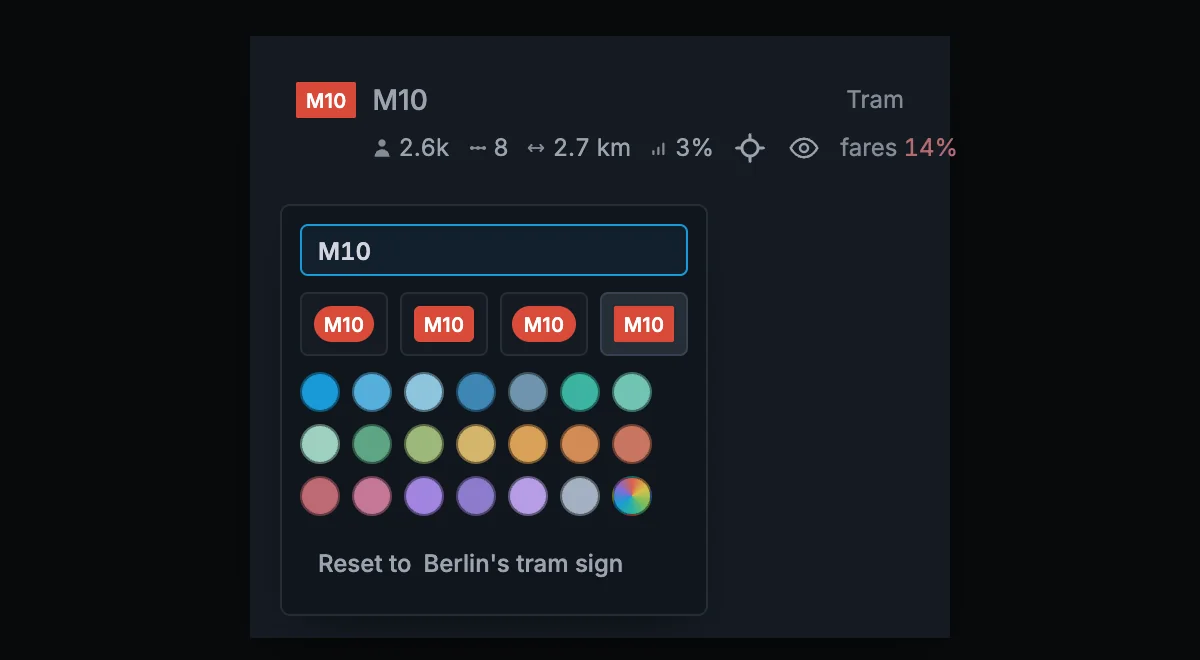 A line's row with its badge, and the open badge editor below it: the code field, four shapes, the colours and a reset row