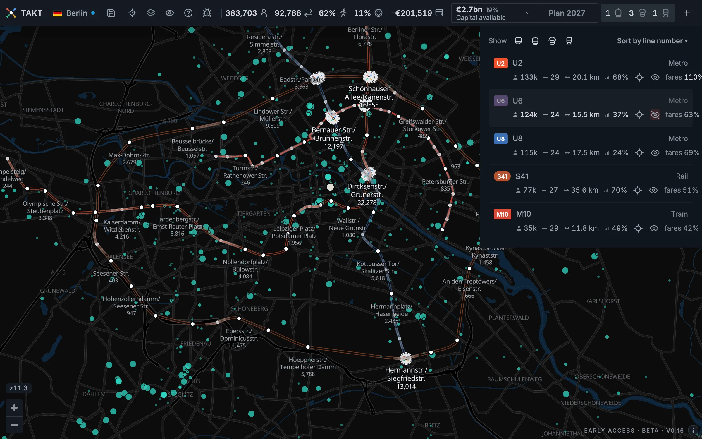 The full line list with transport-type switches, a hidden line's eye, and the visible network on the map