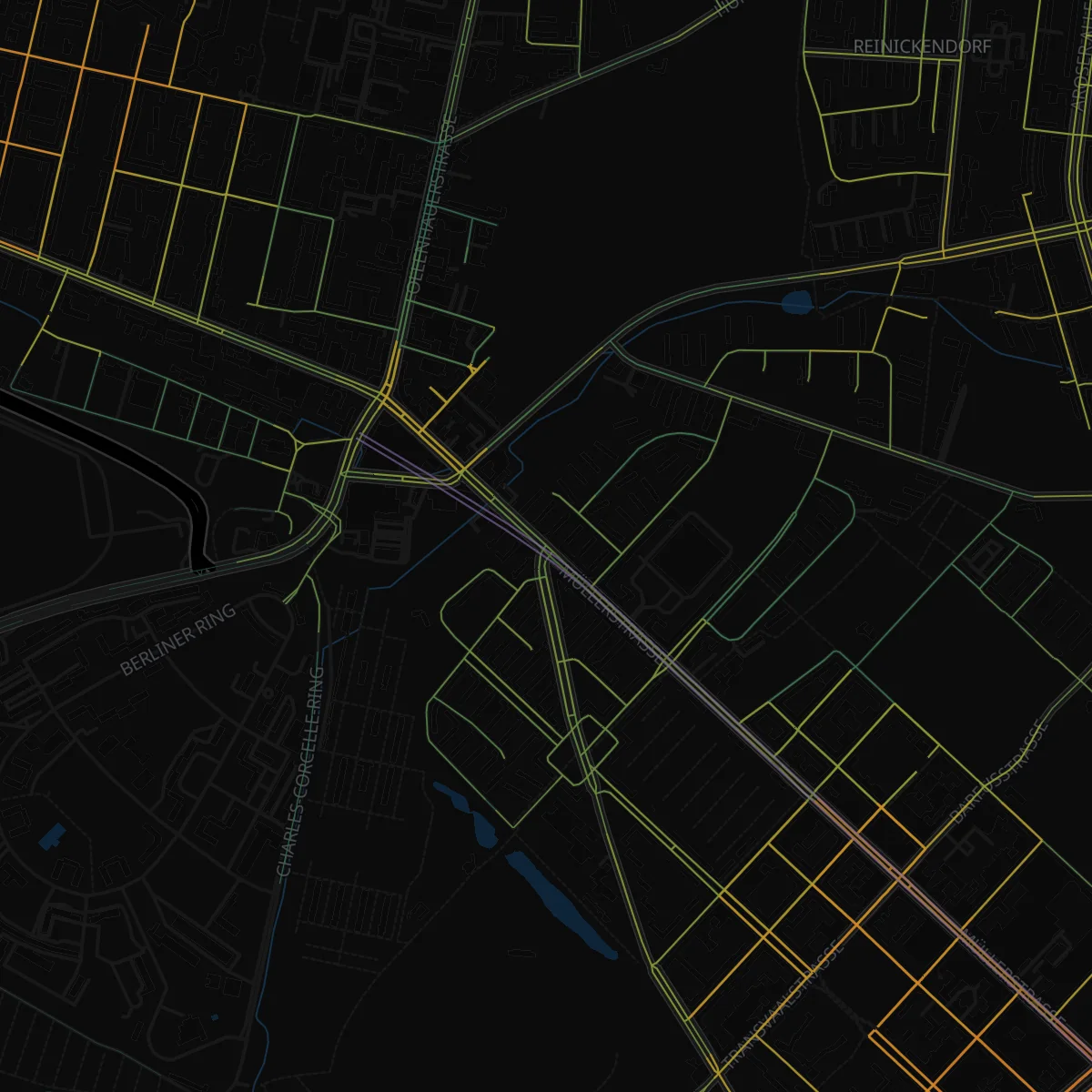 The same part of Reinickendorf with the U6 metro line running and demand faded around its route