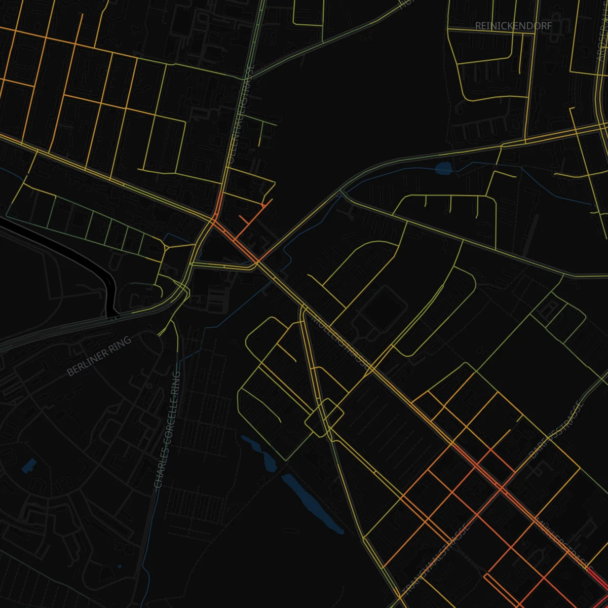 Reinickendorf before any lines are built, with yellow, orange and red demand streets