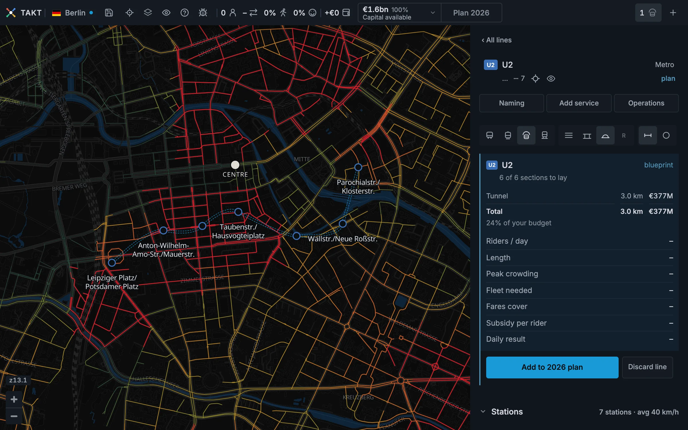 A planned metro line connecting several stations across a strong demand corridor in central Berlin