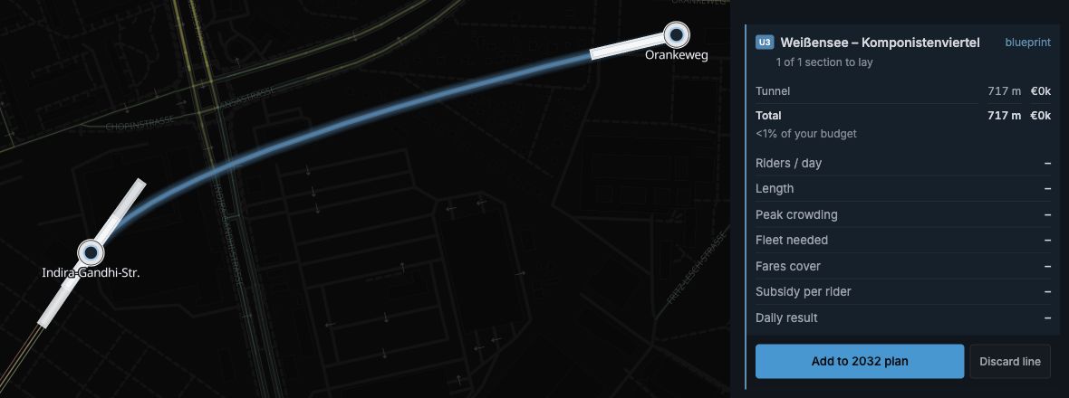 U3's planned shared section glows along the existing curve from Orankeweg to Indira-Gandhi-Str., with €0 track cost in the blueprint