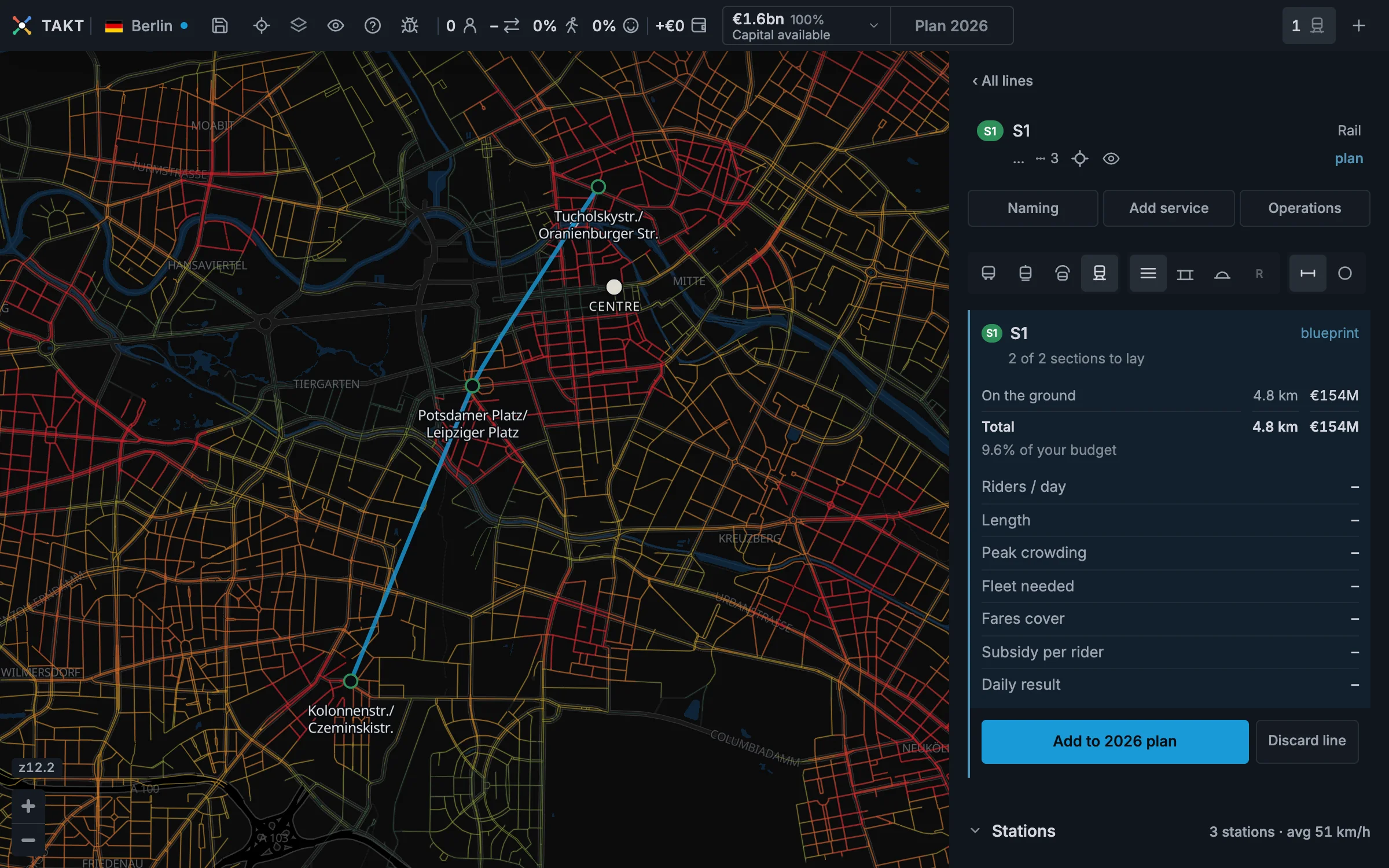 A planned railway with three stations crossing a long demand corridor through Berlin