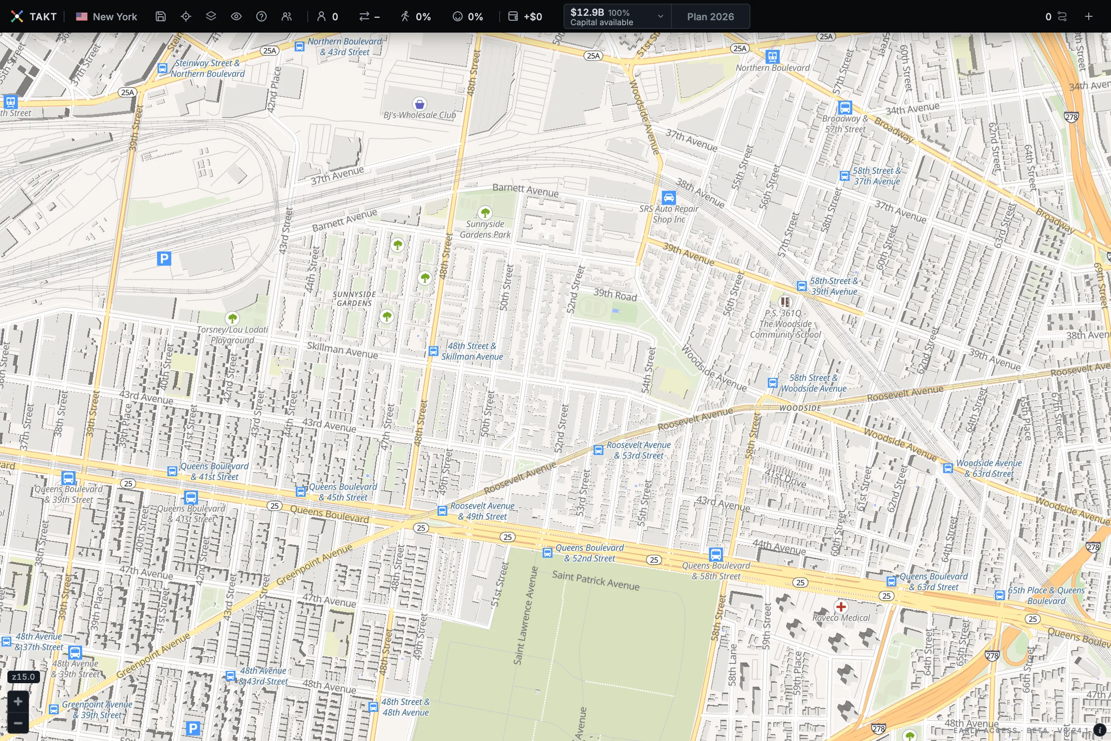 New York on the Liberty 3D map style: Sunnyside and Woodside in Queens, with blue bus stop icons and their names, the grey tracks of Sunnyside Yard and the rail line through Woodside, and Queens Boulevard and Roosevelt Avenue.
