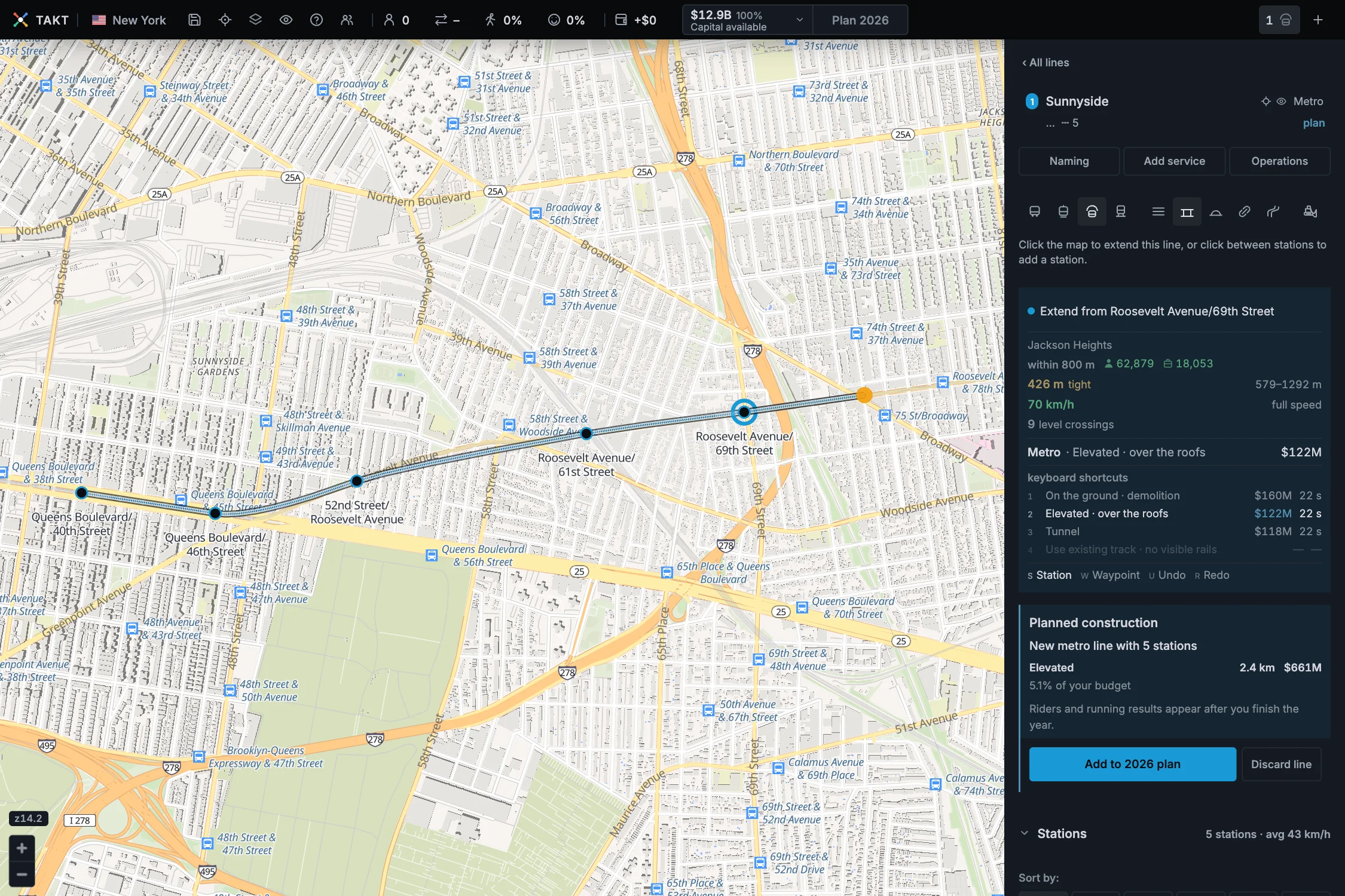 An elevated metro line drawn over Queens Boulevard and Roosevelt Avenue on the stations of the 7 train, from 40th Street to 69th Street. The pointer is on 74th Street, and the card prices the section elevated at $122M.