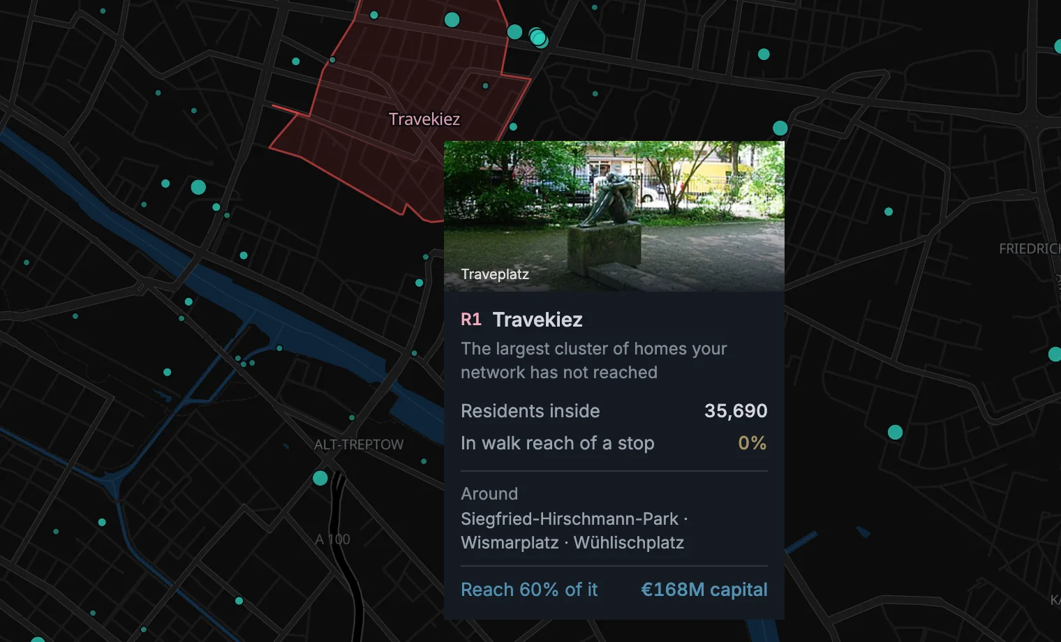 A district's card: residents inside, the share of them in walk reach of a stop, and the grant for reaching 60 per cent of it