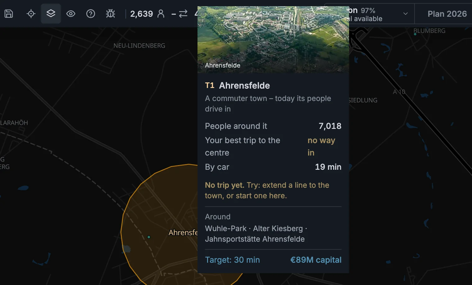 A town's card: people around it, your best trip in against the drive, and the grant