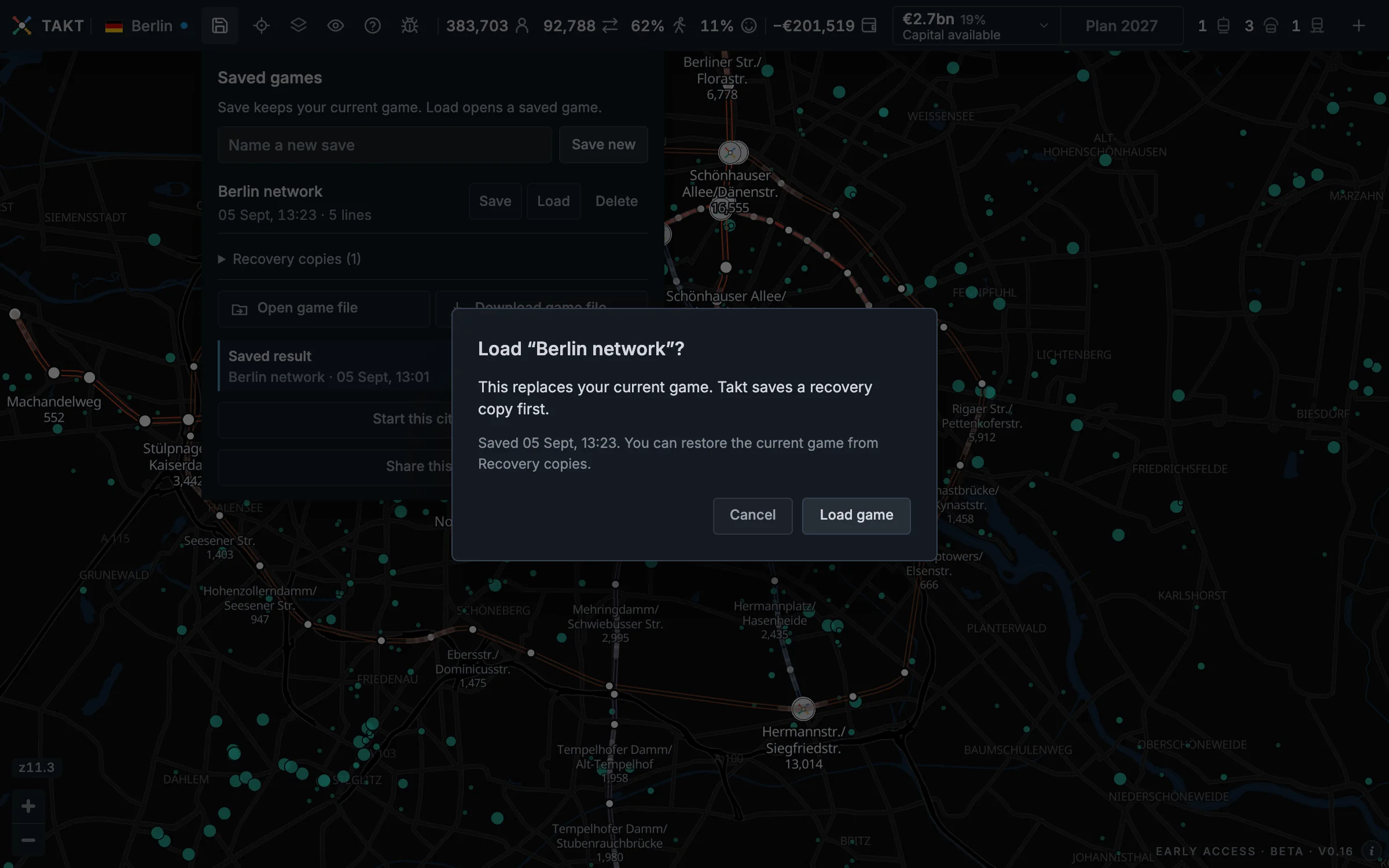 The load confirmation with Cancel and Load game buttons and a notice about the recovery copy
