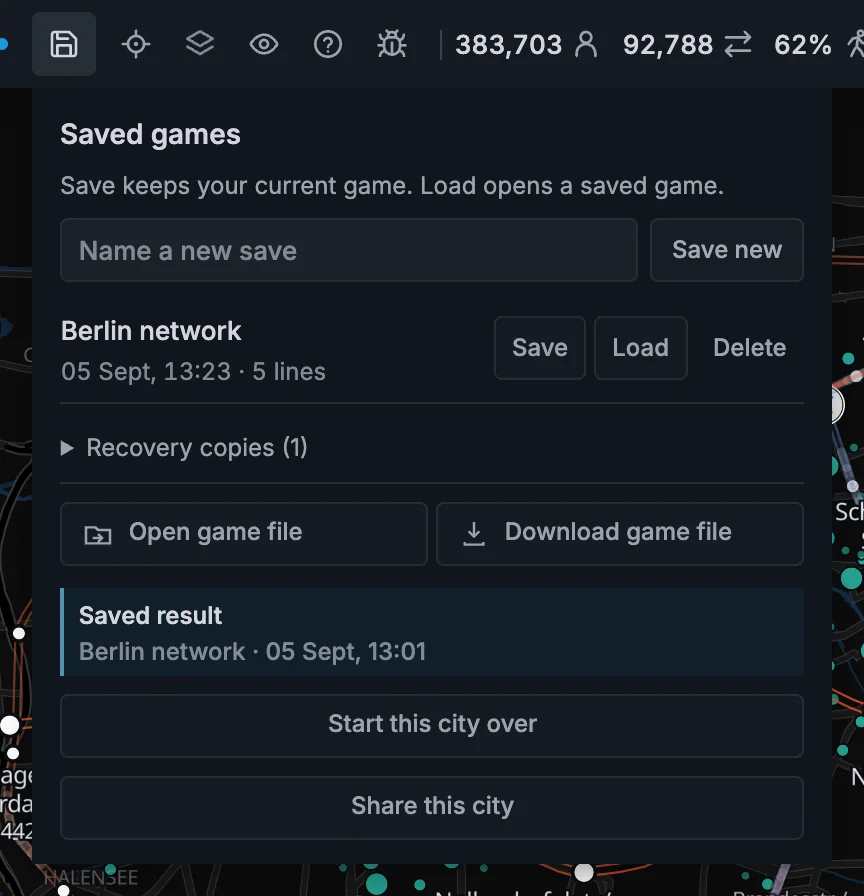 Saved games with Save new and separate Save, Load, and Delete buttons beside each game