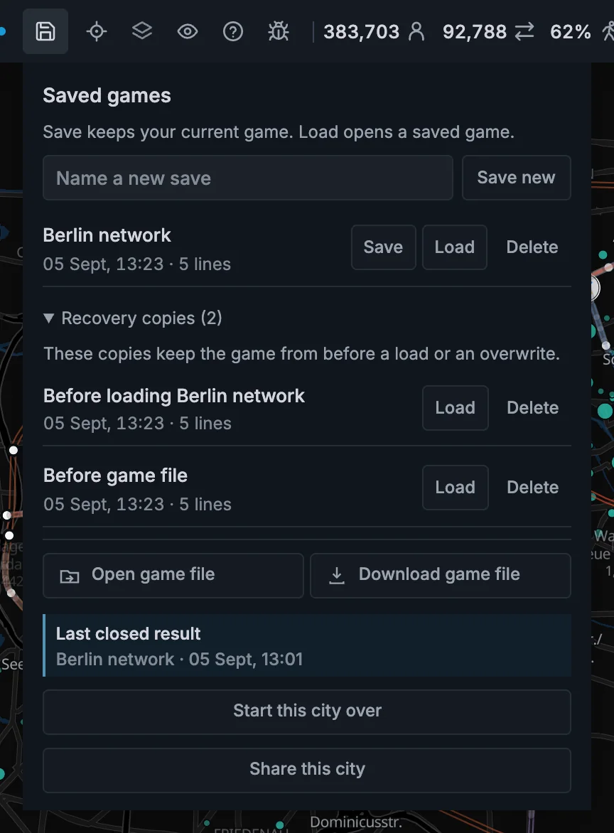 Recovery copies expanded in Saved games, with Load buttons beside the earlier versions