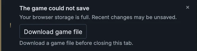 A browser save-failure warning with Download game file available