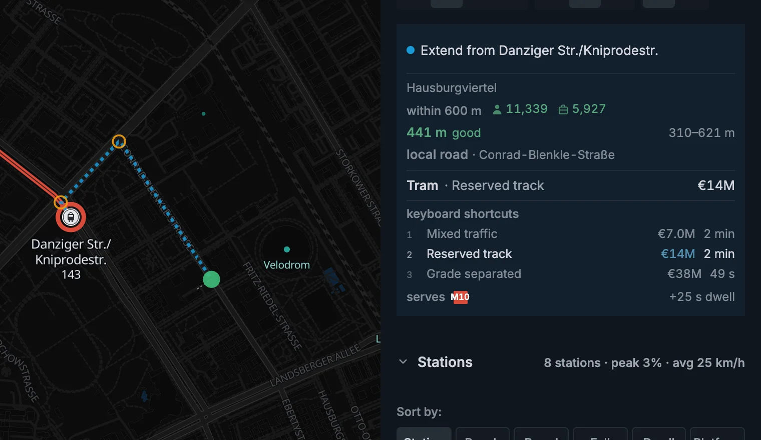 The build card under the cursor, naming the next leg and pricing it
