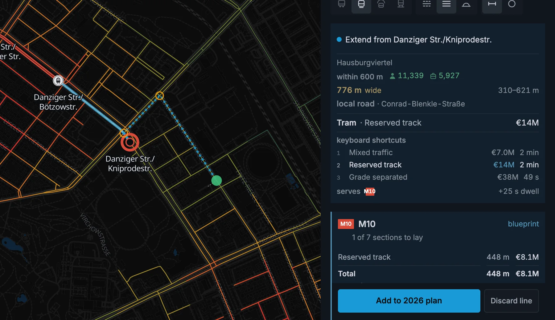 A planned tram stop with its street route, stop spacing and three track choices in the build card