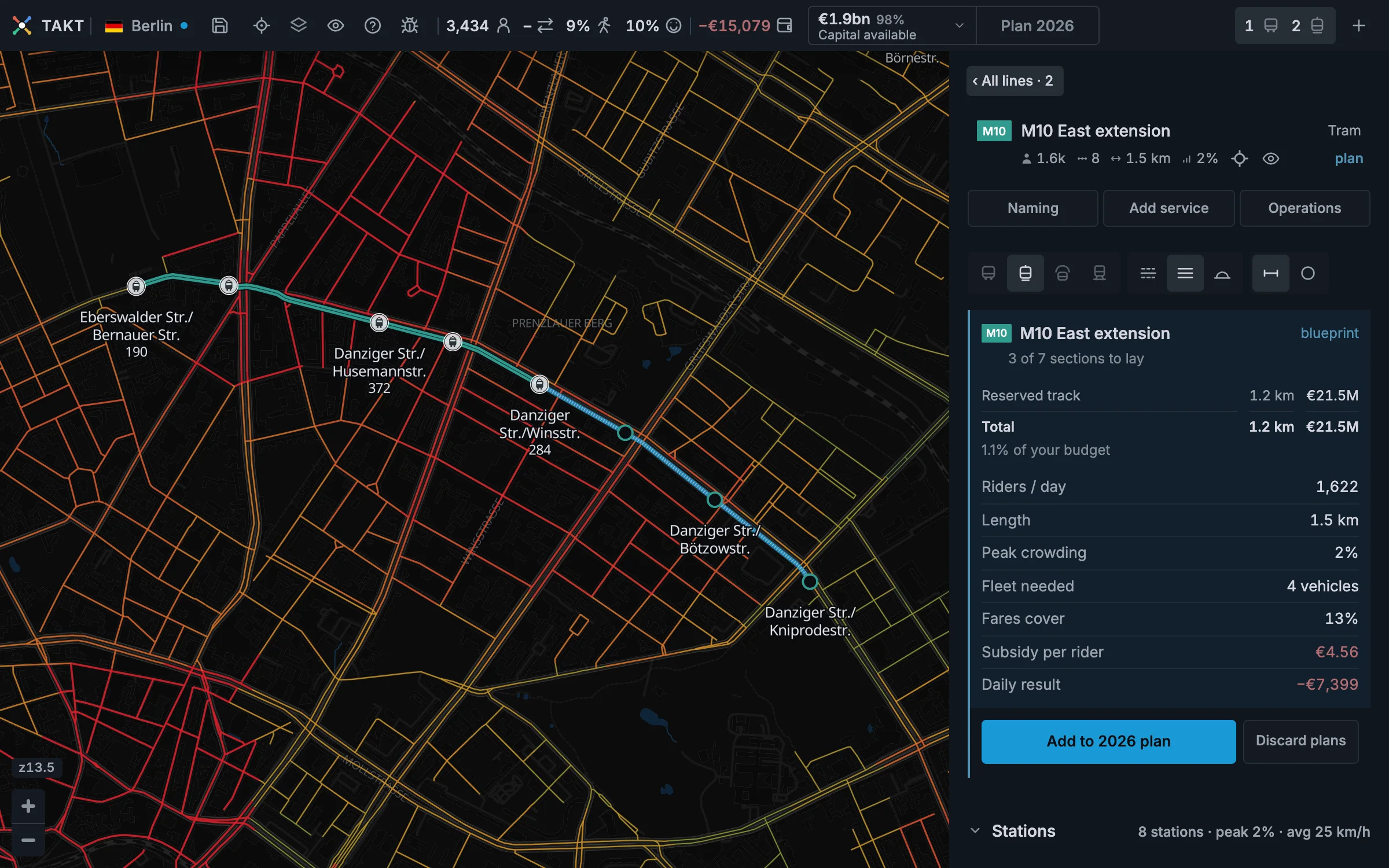 A running tram line with three planned stations, its blueprint cost, and the Add to 2026 plan button