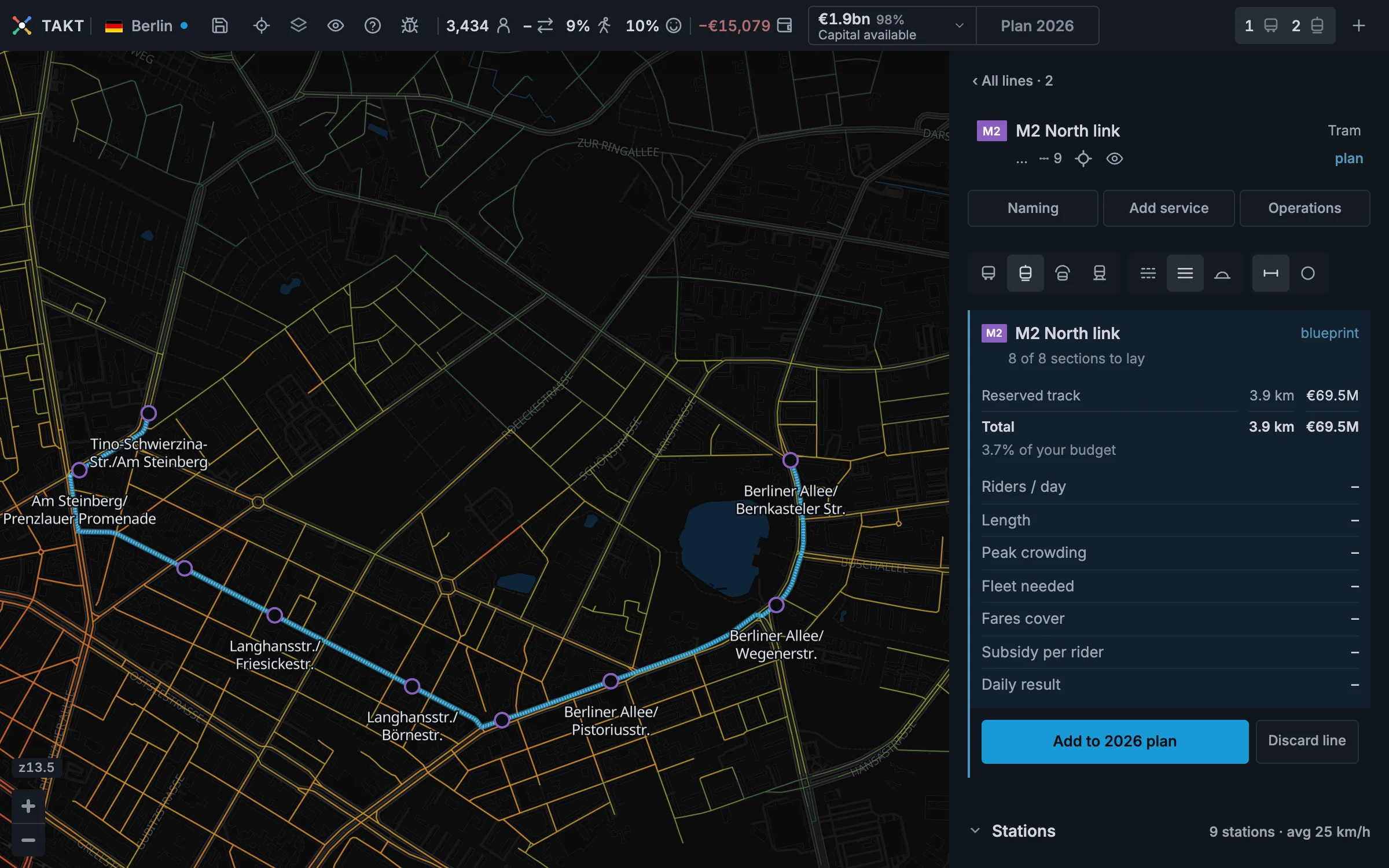 A new tram line on a running Berlin network, with its blueprint and the Add to 2026 plan button