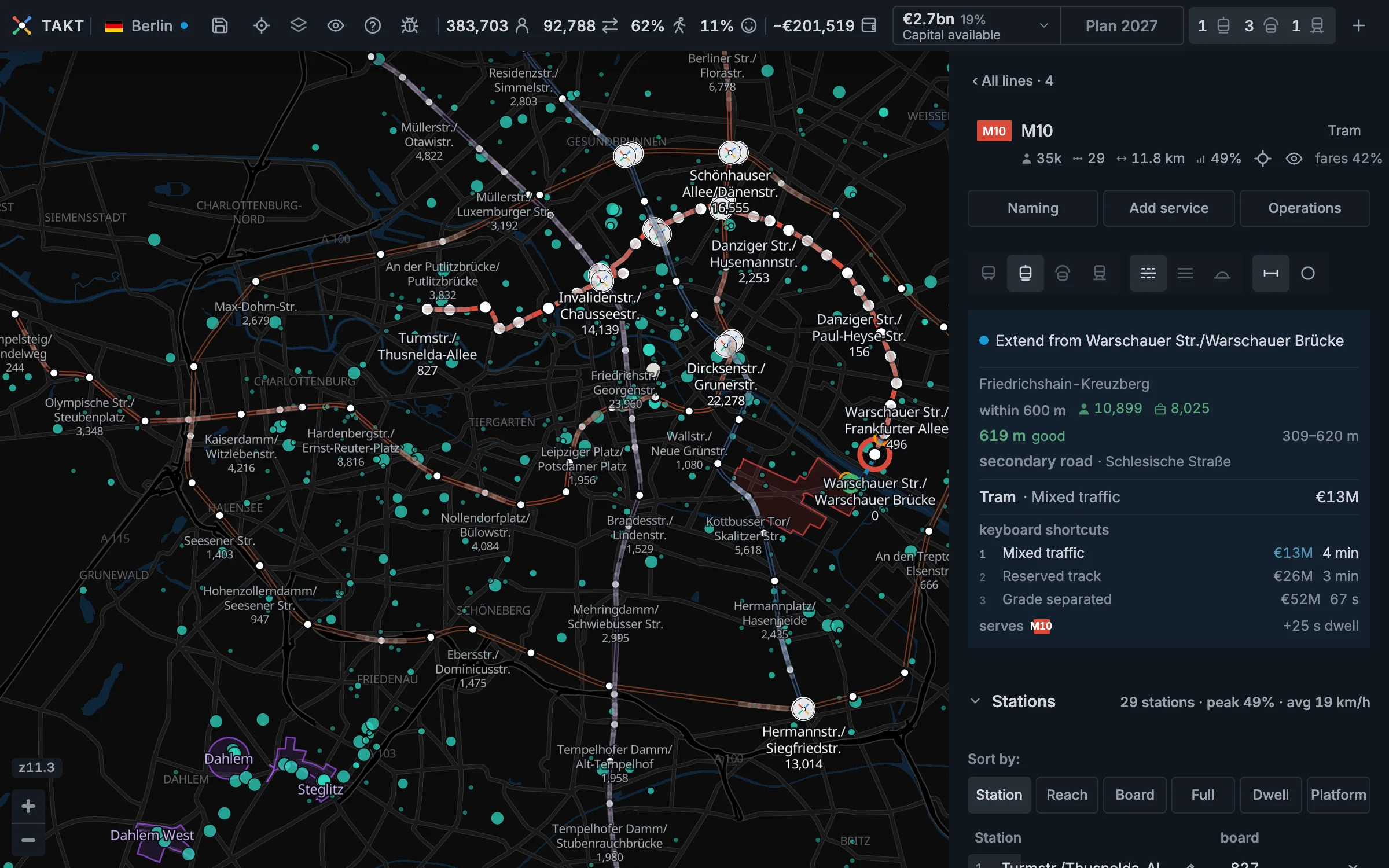 Five Berlin lines with the compact toolbar, a tram's station list, and an extension preview