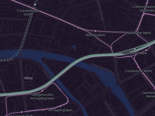 Berlin's real S-Bahn, tram and U-Bahn track with their stations around Hackescher Markt