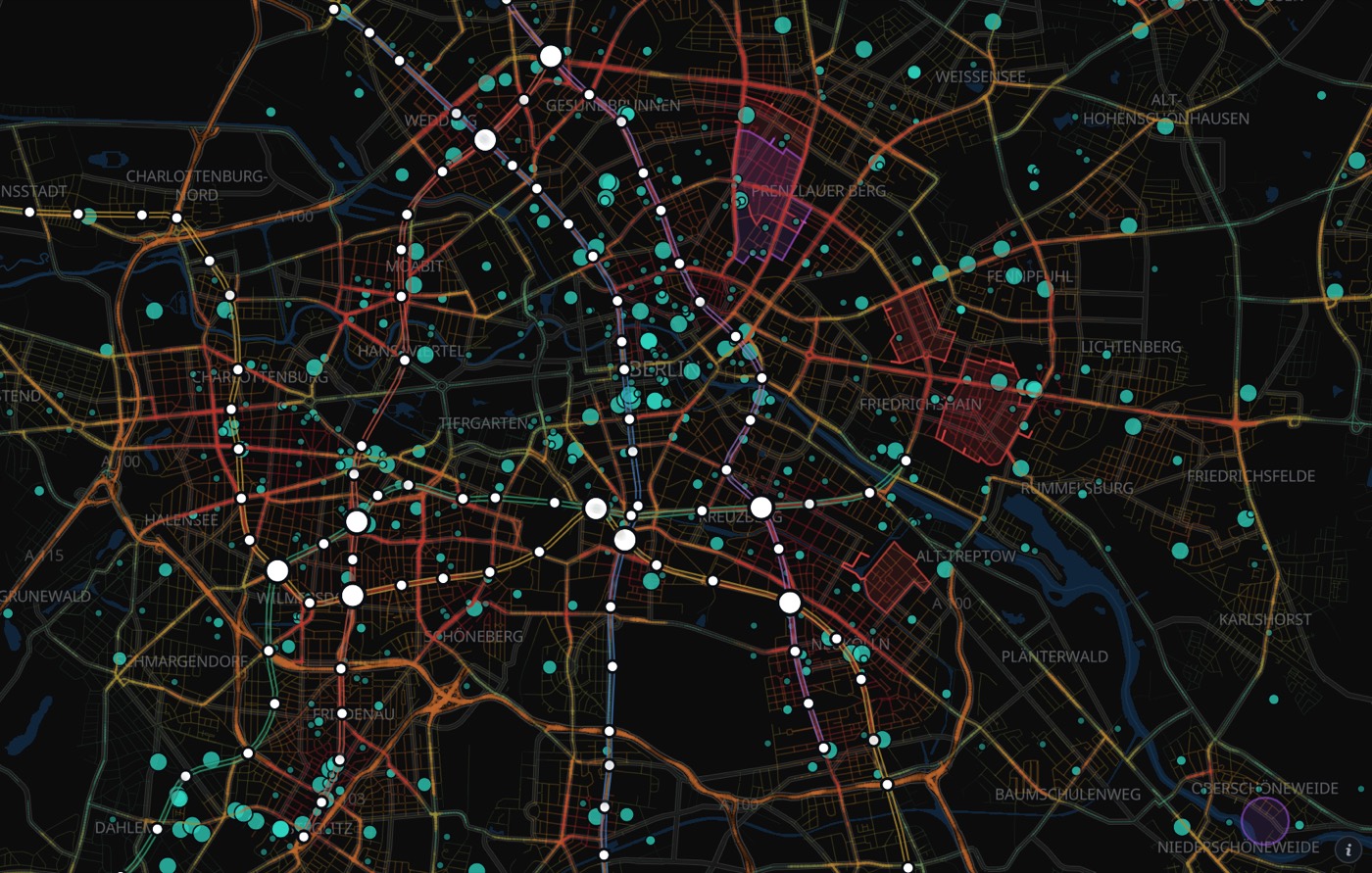 Berlin on the dark style, five lines drawn, arterials glowing